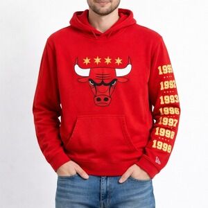 Chicago Bulls Hoodie New Era Red Championship Sleeve Graphic Pullover Size L